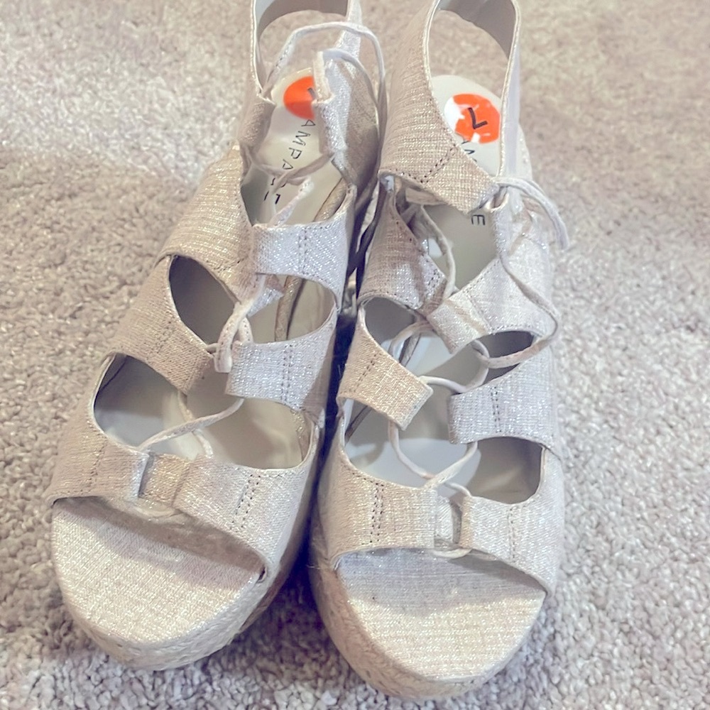 Rampage linen and silver wedge espadrilles raffia sides size 7